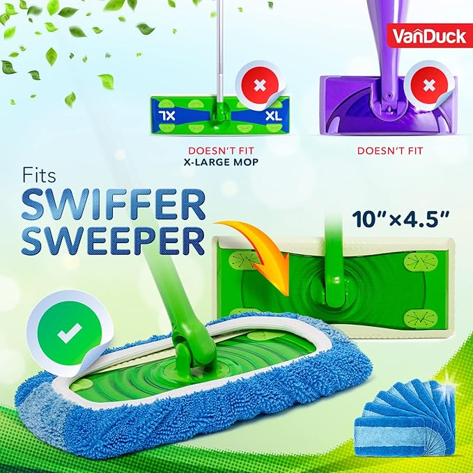 VanDuck Reusable Pet Heavy Duty Mop Pads Compatible with Swiffer Sweeper (4-Pack) - Washable Microfiber Mop Pads for Wet & Dry Use - All Purpose Floor Mopping and Cleaning Product