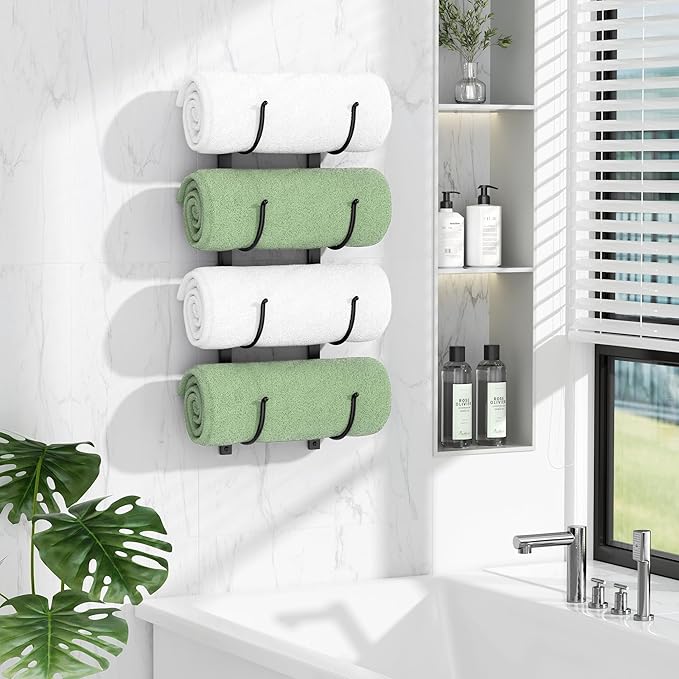 Rolled Towel Rack for Bathroom– 4-Tier Rolled Towel Storage Holder,Metal Organizer for Towels & Large Bath Sheets, Space Saving Rack for Small Bathroom, RV, Camper, Closet, Black Metal