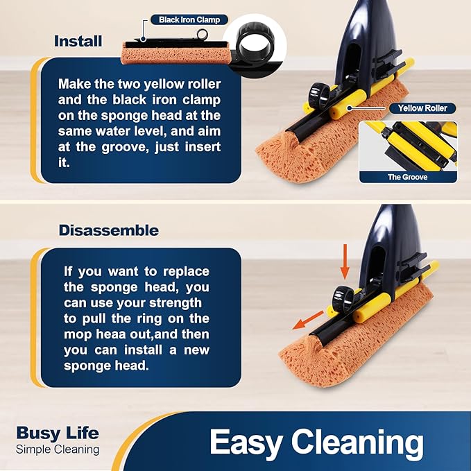 Yocada Sponge Mop Home Commercial Use Tile Floor Bathroom Garage Cleaning with Squeegee and Extendable Telescopic Long Handle 42-52 Inches Easily Dry Wringing