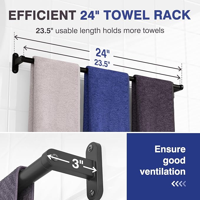 Powools Matte Black Towel Rack for Bathroom - 24" Rustproof Towel Holder, Sturdy Towel Bar Wall Mounted, Space-Saving Towel Hanger, Bathroom Accessories, Home Decor, Apparment Essentials
