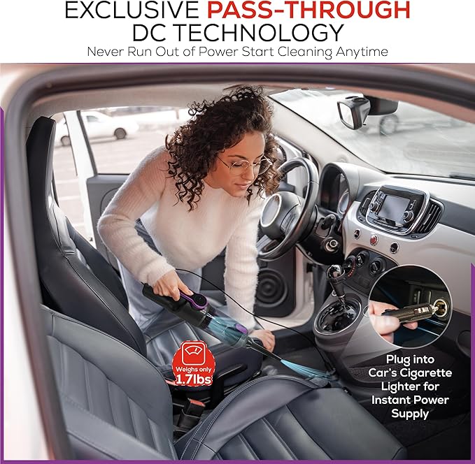 HyperVac 2-in-1 Handheld Portable Car Vacuum Cleaner & Blower, 18500Pa Suction, Corded/Cordless Air Duster with LED Light, Flexible Hoses, USB-C Fast Charge – Ideal for Home, Office & Pets