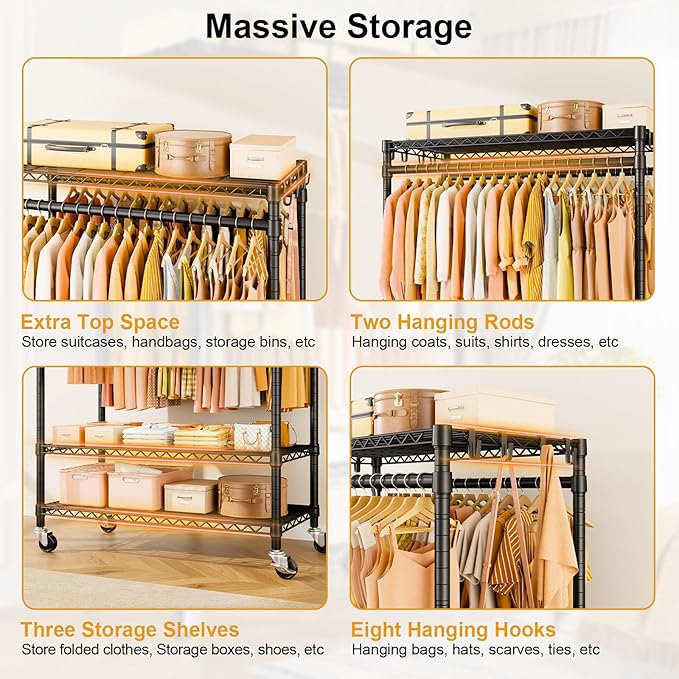 ULIFHOME P7 Rolling Clothes Rack, Clothing Racks for Hanging Clothes, Heavy Duty Garment Rack with Wheels, 3 Tiers Freestanding Portable Closet Rack 45''W × 20.5''D × 80.5''H, Max Load 480 lbs, Black