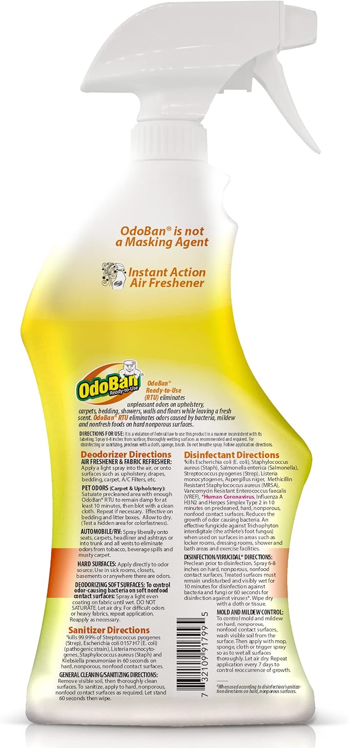 OdoBan Ready-to-Use Disinfectant and Odor Eliminator, Made in the USA, Citrus Scent, Set of 3, 2 Spray Bottles, 32 Ounces Each and 1 Gallon Concentrate