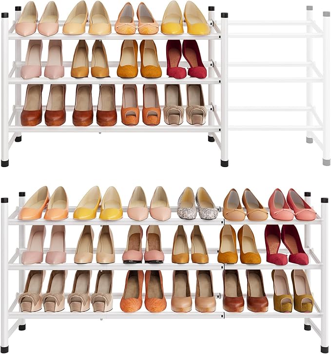 Tajsoon Expandable Shoe Rack for Closet 3 Tier, 28“-41“Adjustable & Stackable Shoe Shelf Storage, Metal Shoe Rack Organizer for Front Door Entrance, Closet, Garage, Entryway, White