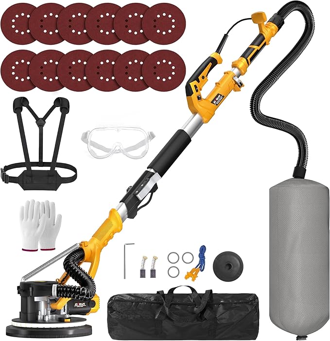 GEVEELIFE Drywall Sander, 880W Popcorn Ceiling Removal Tool, Drywall Sander with Vacuum Dust Collector, 5 Variable Speed 1000-2100RPM, LED Light, Foldable & Extendable Handle, 12 Sanding Discs