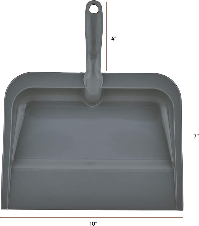 Superio Clip-On Dustpan with Rubber Lip - 10-inch Wide Durable Plastic Dust Pan with Comfort Grip Handle, (Plastic Dustpan, Grey)