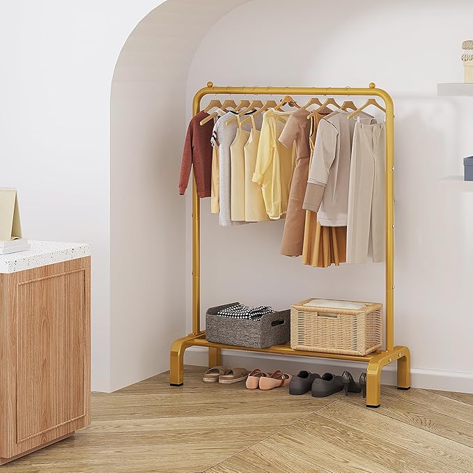 JIUYOTREE Standard Clothes Clothing Garment Rack with Storage Shelves Clothes Organizer for Hanging Clothes Coat Jacket Shirt Sweater Jeans Gold