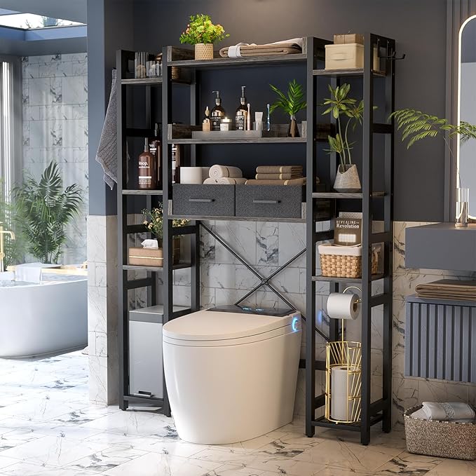 Besiost Over The Toilet Storage with 2 Drawers - 11 Tier Bathroom Organizer Freestanding Space Saver Storage Rack with Adjustable Shelf Above Toilet Stand with 4 Hooks for Restroom, Laundry, Grey Oak