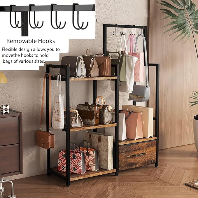 Industrial 4-Tier Storage Shelf with Drawer & Hanging Hooks - Metal & Wood Entryway Organizer Rack for Bedroom, Living Room - Freestanding Clothing Coat Rack with Multi-Level Shelves (Brown)