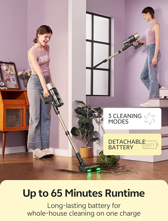 Ultenic Cordless Vacuum Cleaner, 600W 60KPA 65min Runtime, Stick Vacuum with Green Light, Self-Standing & 180° Lay-Flat, Anti-Tangled Brush, Vacuum Cleaners for Home/Hard Floor/Carpet/Pet Hair, U15