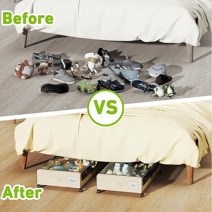 Tututry Under Bed Storage with Wheels, XXL 60L Under the Bed Storage Bins, Underbed Storage Containers with Lids & Label, Rolling Metal Drawer for Shoes, Clothes, Books, Toys (2-Pack Beige)