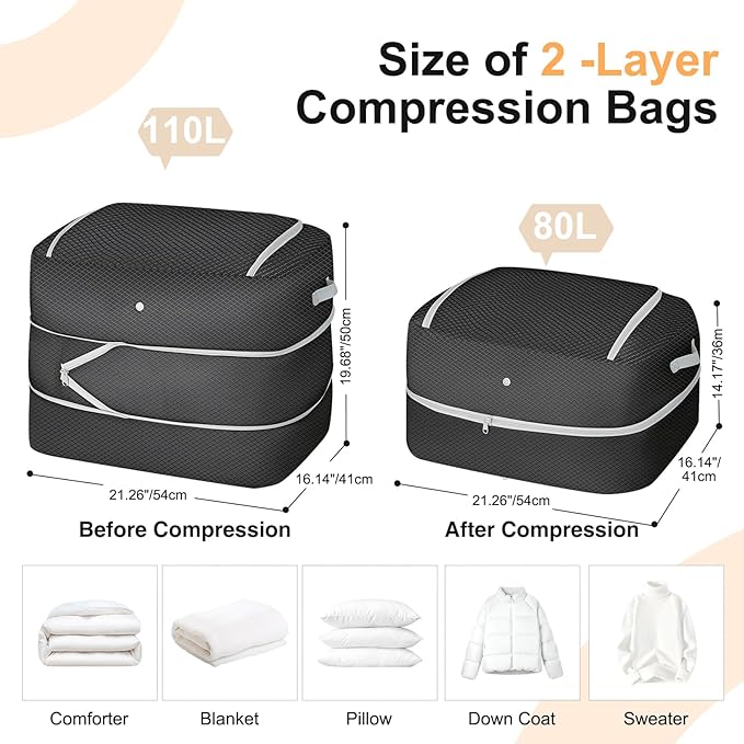 Comforter Storage Bag - 110L Large Capacity Blanket Storage Bags 2-Layer Ultra Space Saving Self Compression Organizer, Washable Compression Bags for Storage Comforter Blanket, 4-Pack, Black