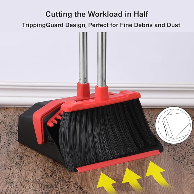 Upgrade Broom and Dustpan Set, 51'' Sturdy Long Handle, Large Upright Stand Up Broom and Dustpan, ZeroGap Lip, Self-Cleaning Dustpan Teeth for Lobby Kitchen Office Floor - Black and Red