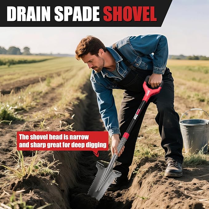 Drain Spade Root Saw Spades Digging Garden Shovel with Fiberglass Handle for Digging, Trenching, Transplanting,45.3 Inches