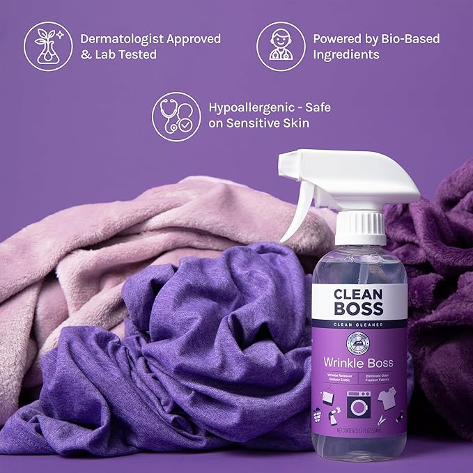 CleanBoss Wrinkle Boss Release Spray for Clothing - 2 Bottles Plus 1 Mini Travel Size Wrinkle Guard For On The Go