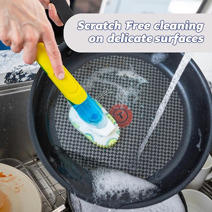 Scrub Daddy Dish Daddy Dish Wand & Connector Head, Soap Dispensing Dish Brush, Texture Changing Washing Up Sponge With Liquid Handle, Dish Sponge with Built-in Scraper, Scrubbing Head & Stand - Yellow