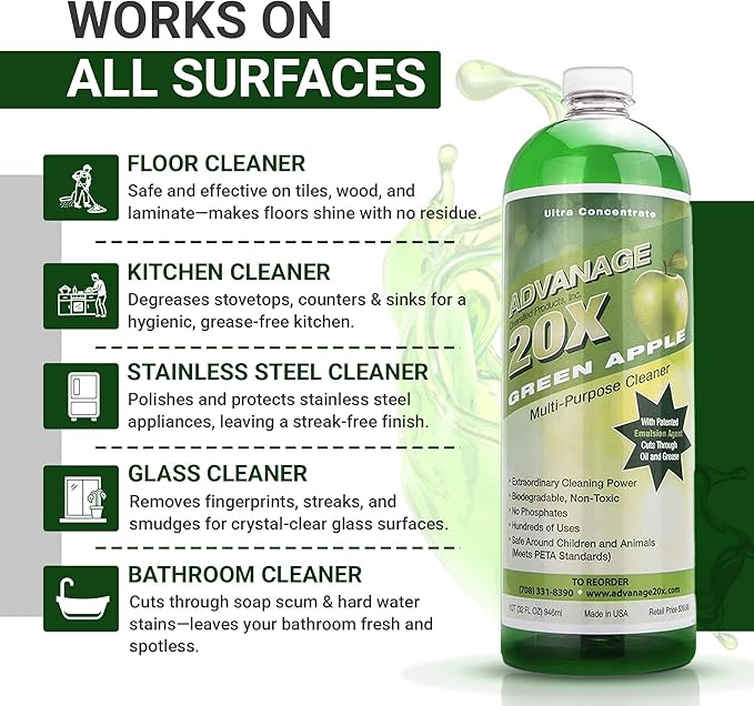 Advanage 20X All Purpose Cleaner Concentrate – Green Apple Eco-Friendly Heavy Duty Degreaser, Multisurface Cleaner for Bathroom, Kitchen, Floors, Household Cleaning Supplies, Made in USA, 32 Fl Oz