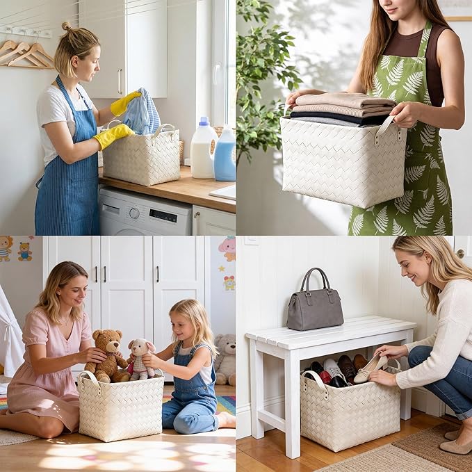 Handwoven Clothes Basket Laundry Hampers Large Wicker Storage Baskets for Shelves Blankets Closet Storage Bins Car Bedroom Bathroom Organizers and Storage Bath (Pack of 4, Ivory)