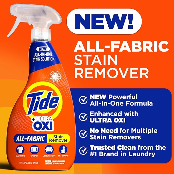 Tide Laundry Stain Remover Spray with Oxi | Stain Remover for Clothes, Carpet, Upholstery, Pet Bedding | Stain Treater Spray for Tough Stains from Wine, Coffee, Grease | 22 Fl Oz (Pack of 2) & 3 Fl Oz