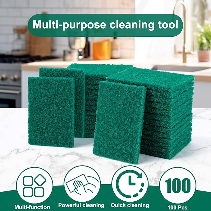 100 Pcs Scouring Pads,Heavy Duty Scour Pads,Dish Scrubber Scouring Pad,Reusable Non Scratch Household Scrub Pad for Dish Kitchen Scrubbers & Metal Grills,4.3 x 3 x 0.3 in (Green)