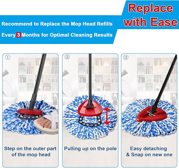 【3-Pack】Cedar Mop Head, Perfect Fit for O Cedar Rinse Clean Mop Replace Head, 2 Ultra-Absorbent Microfiber Mop Refills with 1 Base for Floor & Wall Cleaning