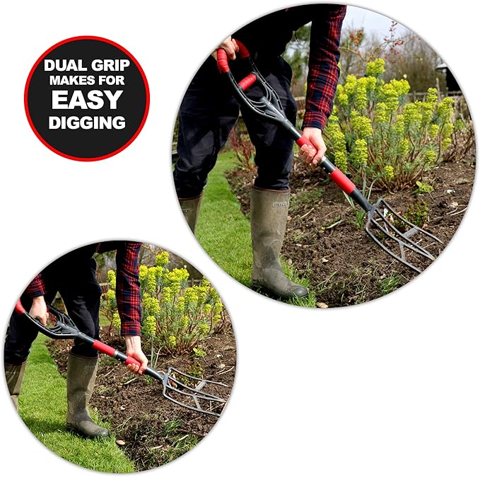 Roamwild Multi-Digger Garden Digging Spading Fork – Fibreglass Light Weight Gardening with Unique Dual Soft AIR Light Grip Technology & Soil Lump Cutting Bladed Tines (Fork)