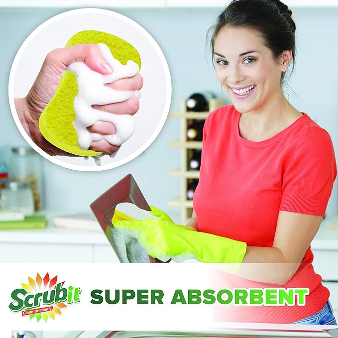 Scrub Sponge by Scrubit –Multipurpose Cellulose Cleaning Sponges with Non Scratch Scouring Pad for Dishes, Pots, Pans, Glass Cooktop - Super Absorbent - Unique Shape to Protect Nails: 12 Pack