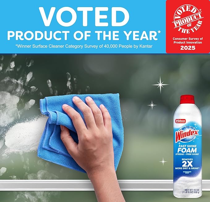 Windex Fast Shine Foam Glass Cleaner, No-Drip Windows, Doors, Mirrors & Countertops Aerosol Cleaning Spray, Streak-Free Shine, Removes Fingerprints, Dust, Dirt, Grime & More 19 oz (Pack of 6)