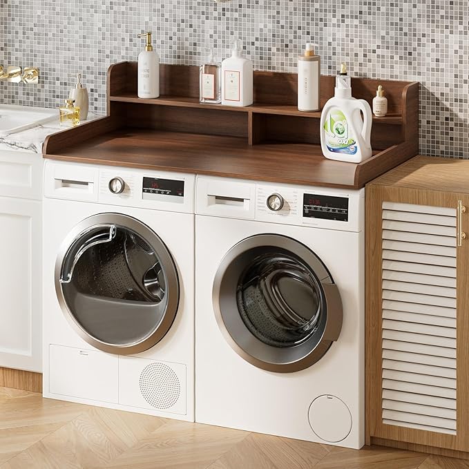 2-Tier Washer Dryer Countertop, Laundry Room Organization and Storage, 27.6" x 54" Wood Laundry Countertop for Washer and Dryer, Walnut