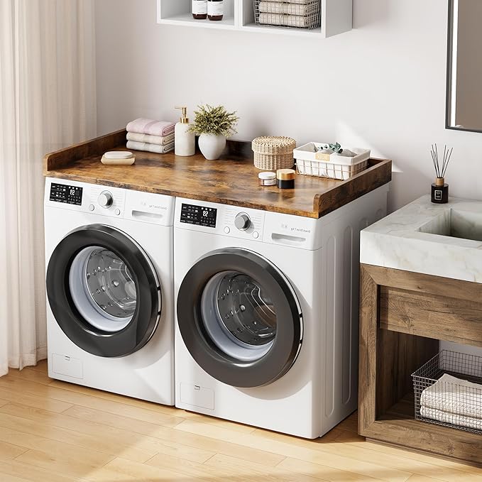 Washer Dryer Countertop, 54.3" x 27.6" Wooden Laundry Countertop with Edge Rails, Washer and Dryer Topper for Laundry Room Organization and Storage