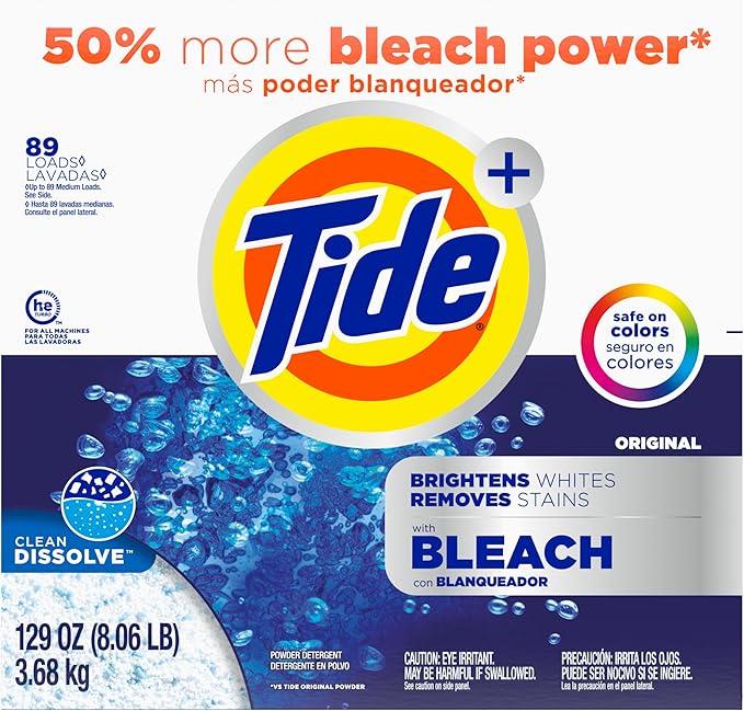 Tide Powder Laundry Detergent with Bleach, Original Scent, 89 Loads, 129 oz