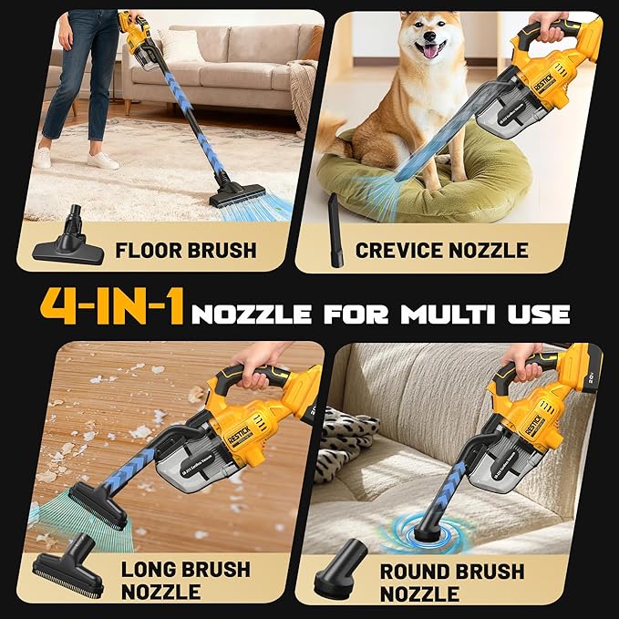 Cordless Vacuum Cleaner Compatible with Dewalt 20V Battery (No Battery), 50kPa 125AW Strong Suction | 5 HEPA Filters | 4-in-1 Nozzle | 65CFM Brushless Handheld Vacuum for Home, Car, Pet (Tool Only)