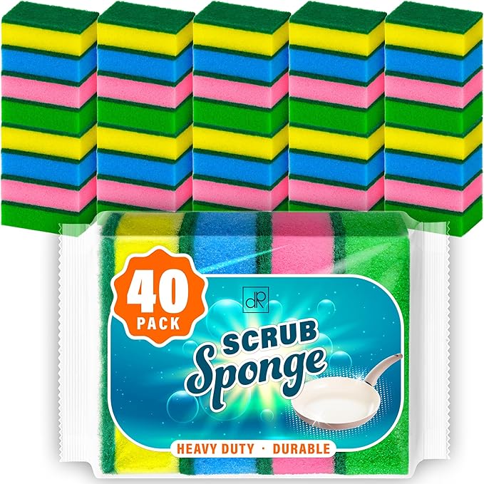 DecorRack 40 Pack Kitchen Sponges, Heavy Duty, Non-Scratch Cleaning Scrub Sponges for Dishes, Cleaning Household, Bathroom, Car Wash - Multicolor (Pack of 40)