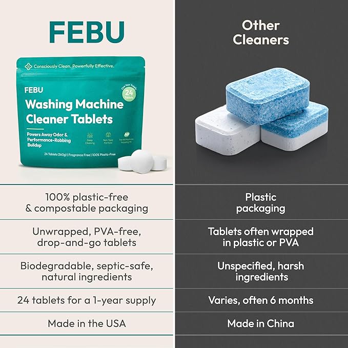 FEBU Washing Machine Cleaner Tablets Made in USA | Washer Machine Cleaner & Deodorizer | Removes Gunk & Grime | 7 Natural, Biodegradable, Plant-Based Ingredients | 24 Tablets - 12 Month Supply