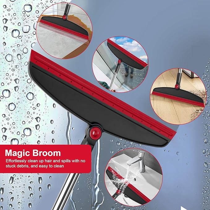 Broom with Dustpan Combo Set and Silicone Air Broom Kit, 51" Long Handle Floor Squeegee, Red Household Kit for Glass Window Rugs Pet Hair Home