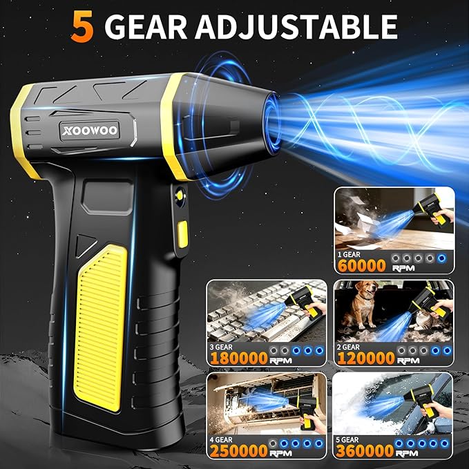 Electric Compressed Air Duster Cordless: 2026 Upgraded Mini Blower with 310g Wind Pressure 5-Speed Adjustable 360000 RPM for Computer Keyboard Outdoor and Car Cleaning - Fast Charging Handheld Blower