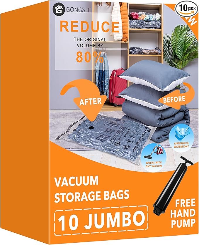 GONGSHI Vacuum Storage Bags, Space Saver Seal Bags For Clothing, Blankets, Comforters, Pillows, Clothes Storage,Travel Luggage.10 Jumbo