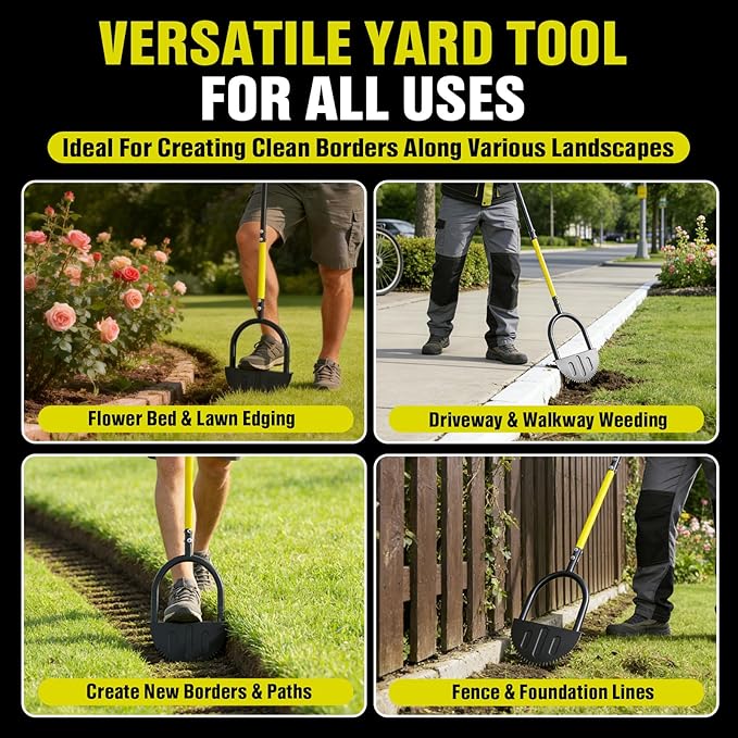 Houselife Half Moon Edger for Landscaping, 42" Manual Grass Edger Tool with V-Shape Serrated Blade, Long Handle Garden Edger for Sidewalk, Driveway & Flower Bed, 9" Wide Footplate