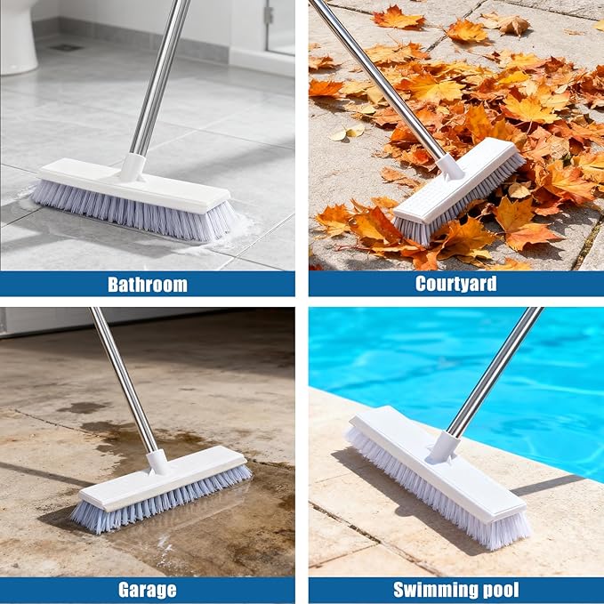 Flat Mop and Bucket Set with Floor Squeegee, Heavy Duty Scrub Brush, 2 Washable Reusable Microfiber Pads, for Tile Hardwood, Wall Cleaning, Home Indoor or Outdoor Cleaning (White-Gray)