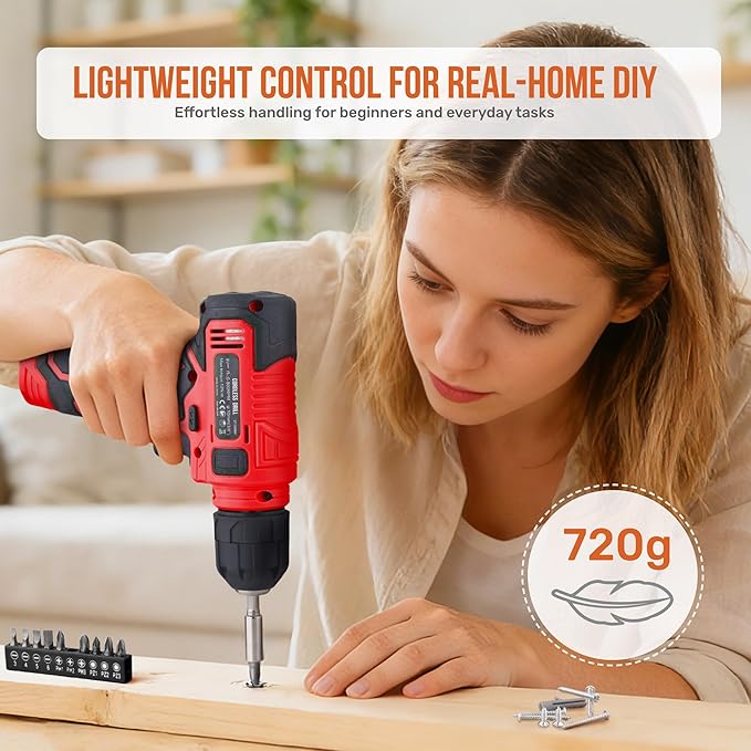 Hi-Spec 8V Cordless Drill Set & Starter Tool Kit – Rechargeable USB Electric Power Drill Driver, Compact Home Tool Set with Accessories, Red, Perfect for DIY Enthusiasts