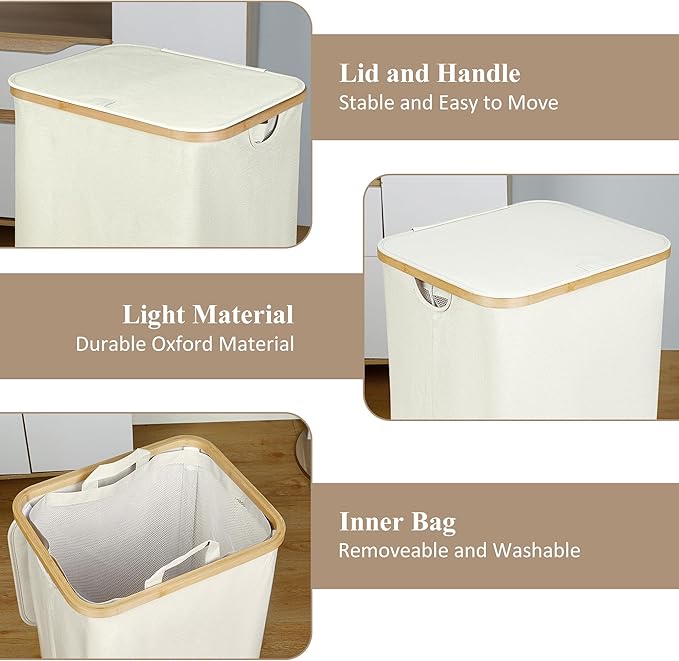 iEGrow Laundry Basket with Lid, 110L Large Laundry Hamper with Handle and Lid, Collapsible Clothes Basket Organizer with Removable Inner Bag for Clothes Toys Towels - Beige