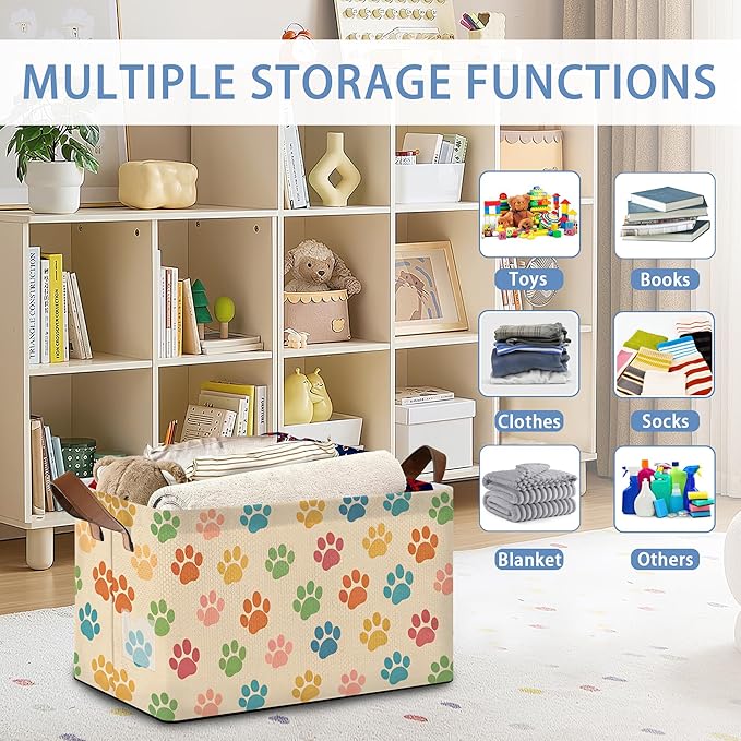 Colorful Cat Dog Paws Collapsible Storage Box,Organizer Bin with Handles for Room Decoration,Bins Book Basket Box 17x11.5x10Inch