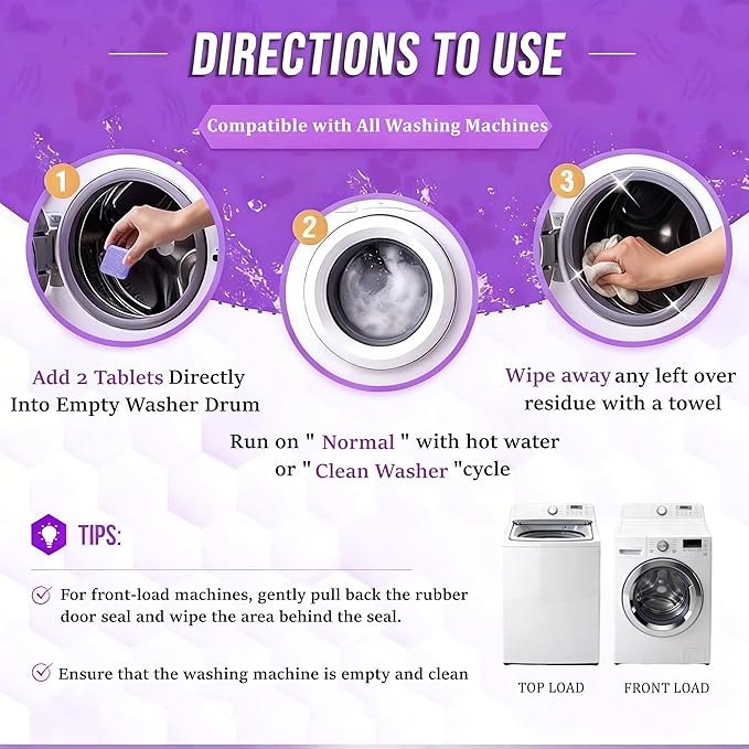 Washing Machine Cleaner Tablets for Pet Owners PRO MAX, Large Enzymatic Deep Cleaning Remove for Cat & Dog Hair, Odor, Residue, Compatible with HE, Top & Front Load