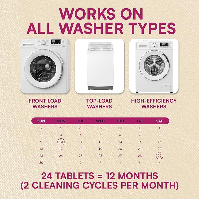 Washing Machine Cleaner Tablets Unscented 24 Pack Residue-free Laundry Washer Cleaner for HE Front Load, Top Load Washing Machine Cleaning Tablets Pro Descaler Deodorizer, Low Suds 1 Year Supply