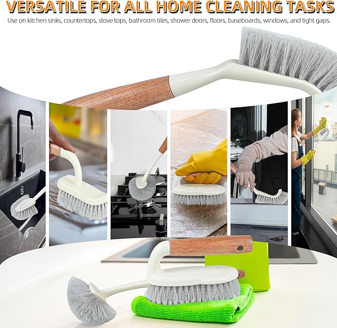 5-Pack Heavy Duty Scrub Brushes Set with Wooden Handles, Multi-Surface Scrubber for Kitchen, Bathroom, Tile & Grout, Includes Spherical, Triangle, Square & Dish Brush for Stubborn Stains