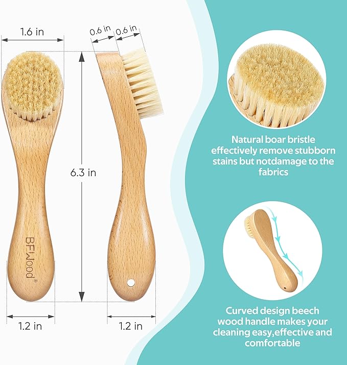 BFWood Laundry Stain Brush, Natural Soft Boar Bristles, Removes Tough Stains from Delicate Fabrics Like Knits, Cotton, and Linens, Gentle on Fabrics, No Damage