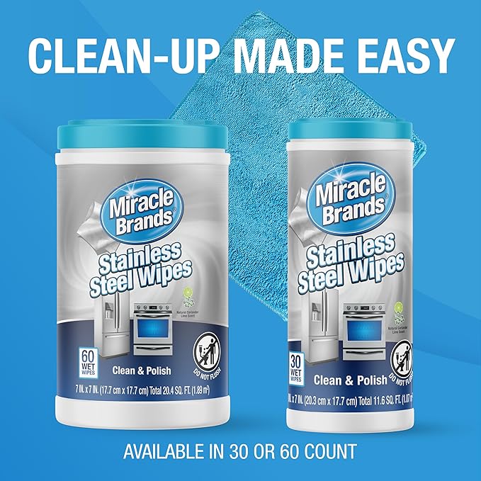 MiracleWipes for Stainless Steel, Great for Kitchen and Appliances, Including Oven, Refrigerator, Dishwasher, Microwave, Sink, Hood, Grill, Removes Fingerprints and Smudges - 60 Count