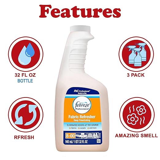 Febreze Professional Fabric Refresher Spray, 3 Pack, Deep Penetrating, Eliminates Odors with Light Fresh Scent, for All Fabrics, Upholstery, Bedding and More, 32 oz Each
