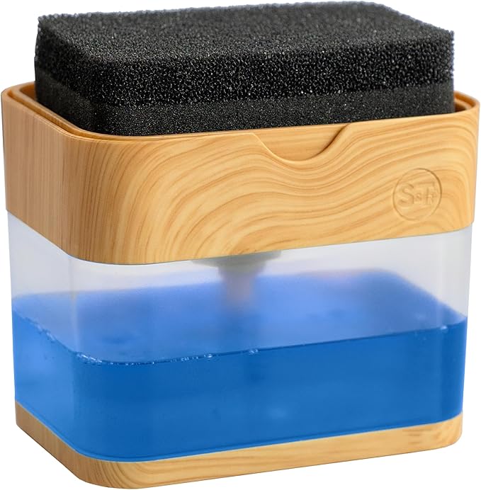 S&T INC. Dish Soap Dispenser and Sponge Holder for Kitchen Sink, Waterproof Labels and Sponge Included, 13 Ounces, Plastic, Bamboo