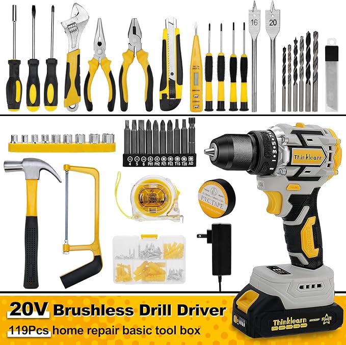 119 Pcs Cordless Drill Tool Kit Set; 20V Brushless Power Drill with 2.0Ah Battery, 10mm 3/8" Keyless Chuck, 60N.M & 21+1 Torque Setting Power Tool Set for DIY Garden House Office Repai